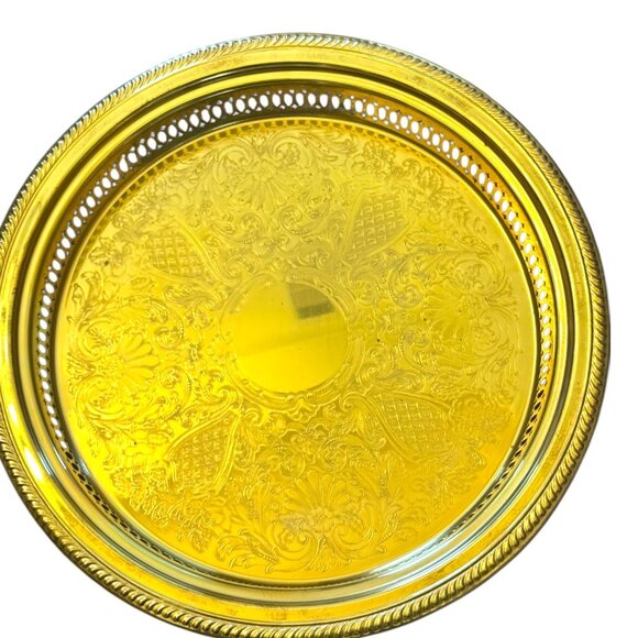 Vintage Brass Ornate Round Serving Tray With Perforated Edge & Intricate Design - Picture 3 of 7